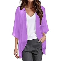 Kimono Cardigans for Women Dressy Solid 3/4 Sleeve Chiffon Open Front Lightweight Summer Cardigan Sheer Beach Cover Up