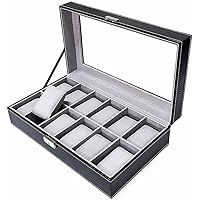 Watch Box for Men Large Watch Display Case Organizer Tray Jewelry Display Storage Glass Top Black PU Leather