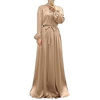 IMEKIS Women Muslim Abaya Long Sleeve Maxi Dress with Belt Loose Full Cover East Arabian Robe Dubai Islamic Prayer Clothes