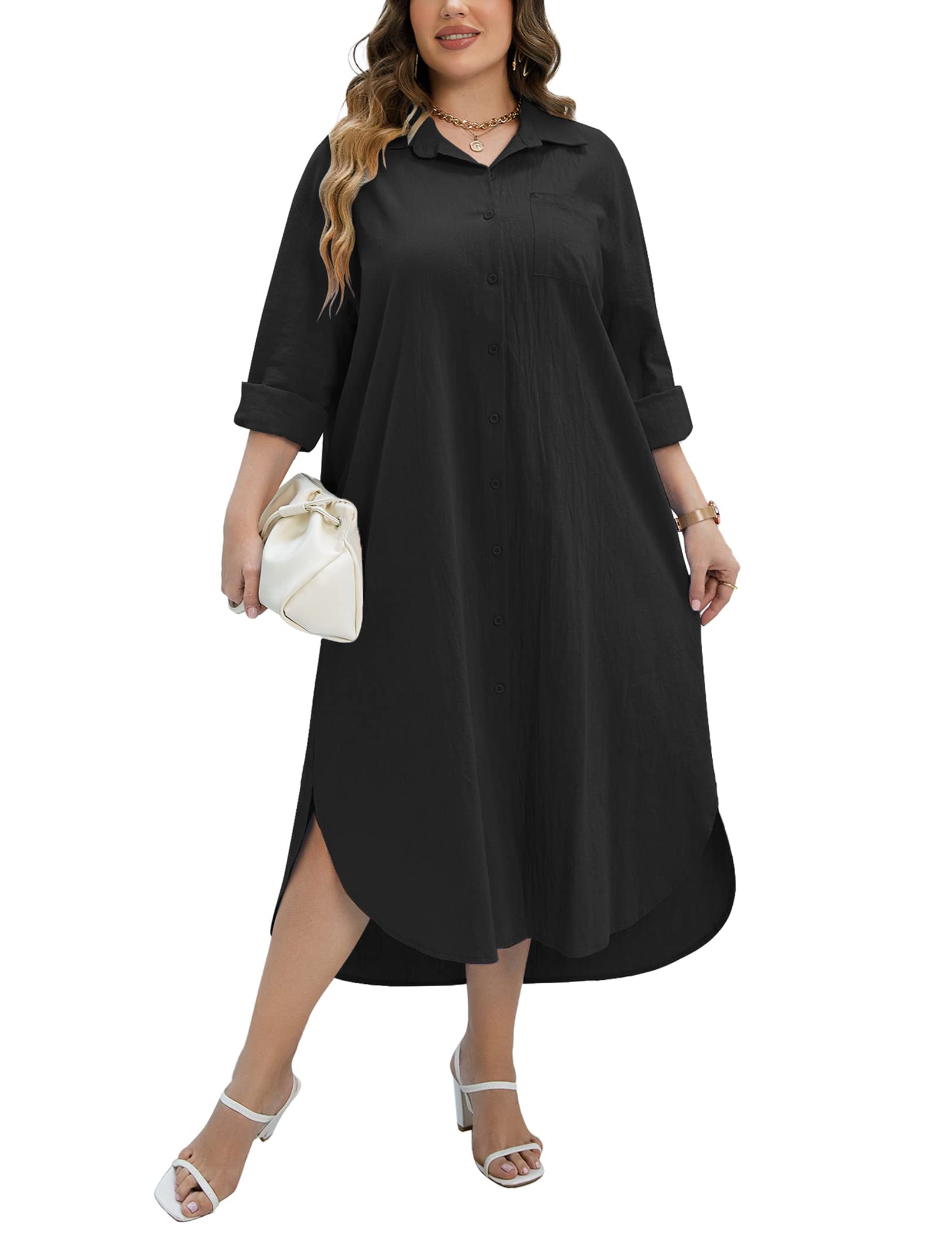 IN'VOLAND Women Plus Size Cotton Linen Shirt Dress Casual Loose Long Sleeve Button Down Maxi Dress Split Shirt Dresses