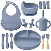 Silicone Baby Feeding Set 14 Pcs,Baby Led Weaning Supplies, Baby Spoons Suction Bowl Divided Plate Bib Cup Finger Brush,First Stage Solid Food Eating Utensils - 6+ Months(Blue Gray)