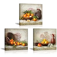 Fruits Canvas Wall Art, Oranges In Basket Pears In Bowl Vintage Picture, Flowers On Talbe Retro Painting, Perfect Combination of Antiques and Fine Art Home Decor For Kitchen Dining Room (Waterproof)