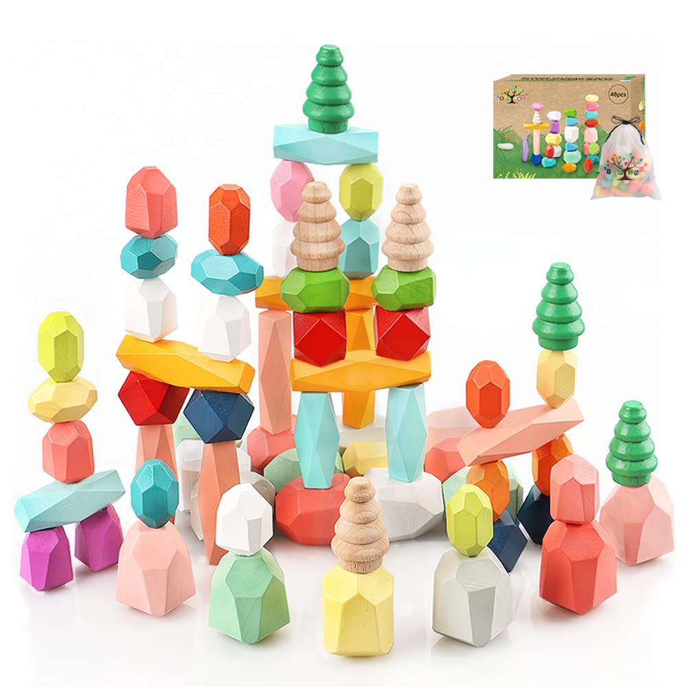 1140 PCS 10 Colors Educational Interlocking Plastic Building Block Toys Set for Kids 4-8-12 & 48PCS Wooden Stacking Building Blocks Montessori Toys for 1 2 3 4 5 6 Year Old Girls Boys