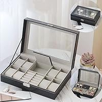 Watch Box Organizer（8 slot） Jewelry box Display Storage Case Metal Hinge Black PU Leather Glass Top Large Holder