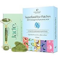 PLANTIFIQUE Jade Roller for Face and Gua Sha Facial Tools and Superfood Under Eye Patches Dark Circle 12 Pairs with Hyaluronic Acid, Green Tea Collagen Coconut Eye Mask for Dark Circles - Puffy Eyes