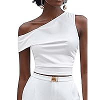 MakeMeChic Women's Casual Asymmetrical Neck Short Sleeve Ruched Cropped Summer Shirts Work Blouse Tops