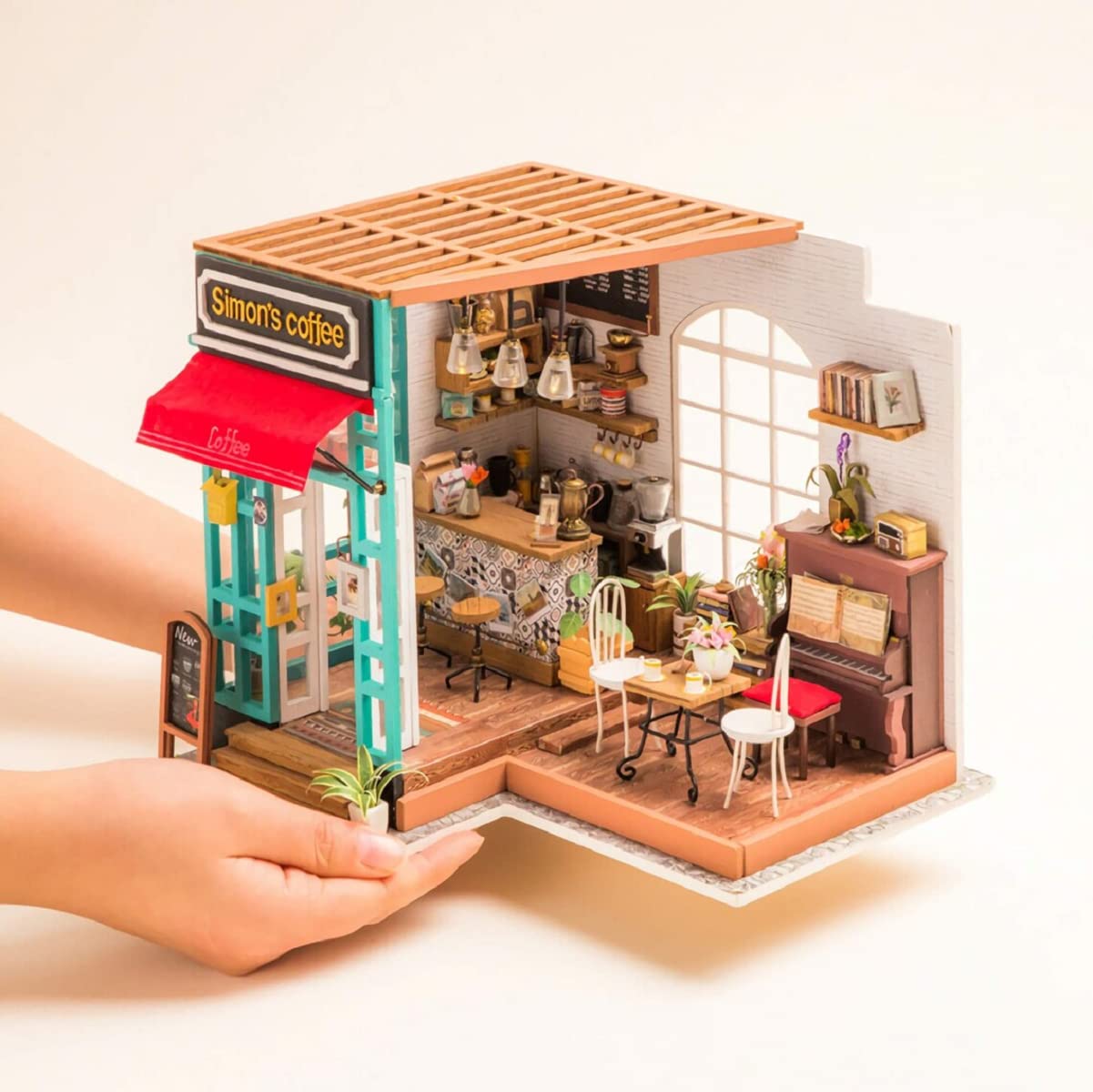 Rolife DIY Miniature House Kits, Tiny Model House for Adults to Build, Mayberry Street Miniature Model Kit with LED Light, DIY Crafts/Birthday Gift/Home Decor for Family and Friend(Simon's Cafe Shop)