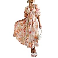 Spring Dress for Women 2024, Boho Flowy Dresses, Puff Sleeve Ruffle Cake Skirt, V Neck Printed Long Dresses