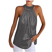 Womens Fashion Sparkly Cold Shoulder Halter Tank Tops Summer Casual Dressy Elegant Sleeveless Crewneck Tunic Shirts