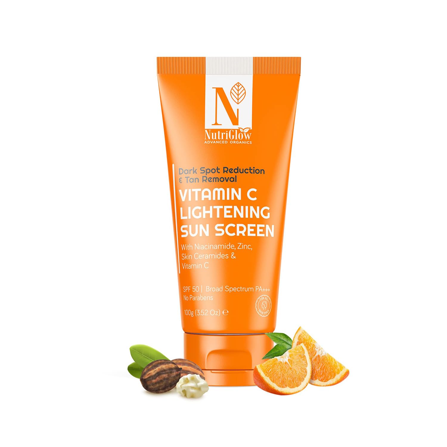 NutriGlow Advanced Organics Vitamin C Lightening Sunscreen SPF50 PA+++ for Sun Protection, Quick Absorb, All Skin Types, 3.5Oz