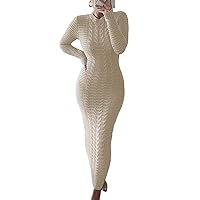 LETSVDO Sweater Dress for Women Maxi Bodycon Cable Knit Long Sleeve Crewneck Ribbed Pencil Pullover Dresses Winter