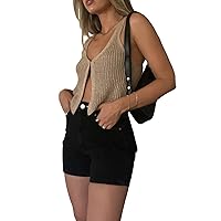 BHMAWSRT Womens Summer Crochet Knit Vest Y2k Fashion Button Front Tank Crop Camisole Going Out Tops Clubwear