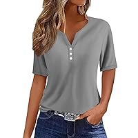 Women's V Neck Buttons T Shirts Short Sleeve Slim Fit Sexy Pullover Tops Solid Color Cozy Blouse