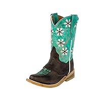 Girls Kids Teal Light Brown Floral Embroidered Cowgirl Boots Snip