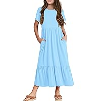 Batermoon Girls Short Sleeve Dress Casual A-Line Flowy Tiered Beach Maxi Dress with Pockcets