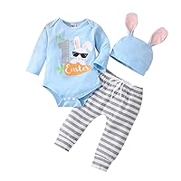 Newborn Baby Boys Easter Bunny Outfits My 1st Easter Romper+Striped Pants+Ear Hat 3 Piece Rabbit Clothes Set