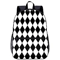 Black and White Diamond Plaid Large Backpack 17Inch Lightweight Laptop Bag with Pockets Travel Business Daypack