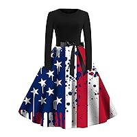 Women's Independence Day Print Long Sleeve Bow Tie Zipper Maxi Skirt Aline Swing Dress Plus Size