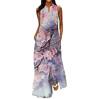 Club Dresses for Women,Elegant Floral Print Maxi Dress V Neck Sexy Sleeveless Dress Casual Flowy Long Dress Plus Size Loose Summer Dress with Pocket for Going Out Outdoor Light Purple 5XL
