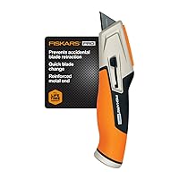 Fiskars Pro Retractable Utility Knife - Box Cutter with CarbonMax Blade and Easy Hinge Open with Blade Storage - Orange/Black