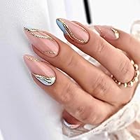 Press on Nails Medium Length Fake Nails Almond Shape False Nails with Blue Gold Glitters Line Design Glossy Waves Acrylic Nails Full Cover Artificial Glue on Nails for Women and Girls Nail