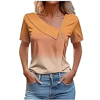 Women Casual Asymmetrical Neck Button Decor Short Sleeve Tops Dressy Loose Fit Gradient Shirt Fashion Tunic Blouses