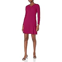 Donna Morgan Women's Long Sleeve Fit and Flare Crepe U-Ring Trim Dress Workwear Career Office Event Guest of, Raspberry Radiance