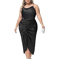 Cowl Neck Drawstring Ruched Formal Wedding Guest Dress for Women Black 3X
