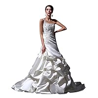 Ivory One Shoulder Satin Pick Ups Wedding Dresses With Lace Appliques