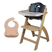 Abiie Beyond Junior Natural Wood/Black Cushion Convertible 3-in-1 Wooden High Chairs for 6 Months to 250 lbs, and Ruby Wrapp Apricot Blush Waterproof Silicone Bibs with Front Pocket - Baby Essentials