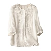Women's Cotton Linen Summer Button Half Sleeve T-Shirt V-Neck Solid Color Casual Top Retro Embroidery Blouse Tops