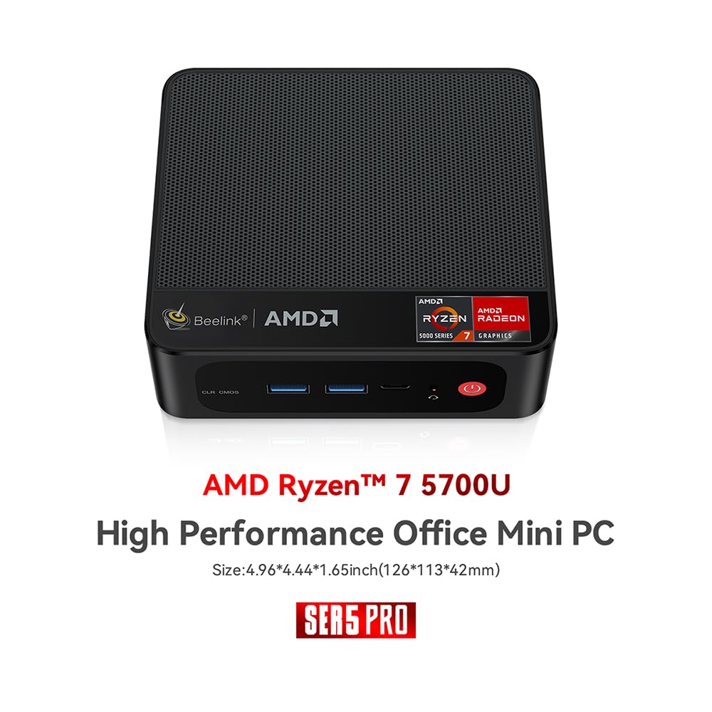 Beelink Mini PC SER5, AMD Ryzen 7 5700U(up to 4.3GHz), Mini Computer 16GB DDR4 RAM 500GB NVME SSD, Micro PC 4K@60Hz Triple Display HDMI DP USB-C, 35W High Performance Office Gaming Computer HTPC