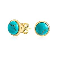 Simple Semi Precious Gemstone Created Blue Lapis Turquoise Black Onyx Bezel Set Round Dome Button Stud Earrings For Women Yellow Gold Plated .925 Sterling Silver