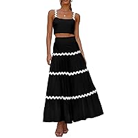 PRETTYGARDEN Womens 2024 Summer Two Piece Vacation Beach Outfits Dressy Sleeveless Cropped Tank Tops and Long Maxi Skirt Sets