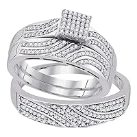 10kt White Gold His & Hers Round Diamond Square Cluster Matching Bridal Wedding Ring Band Set 3/8 Cttw