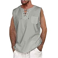Mens Independence Day Tank Top Summer Drawstring Solid Color Shirts Breathable Large Size Tee Sleeveless Casual Tshirt