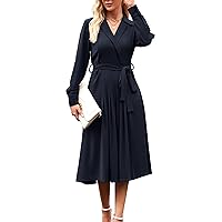 GRACE KARIN Women's Long Sleeve Fall Collared Work Dresses V Neck Business Midi Casual A-line Dresses