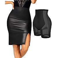Popilush Black Faux Leather Skirts with Built in Shapewear Tummy Control High Waist Midi Pencil Skirt with Shaper for Women