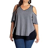 AMCLOS Womens Plus Size Tops Cold Shoulder V Neck T Shirt Short Sleeve Summer Casual Tunic