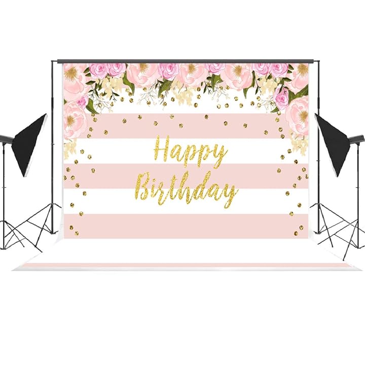 Floral Happy Birthday Backdrop Watercolor Pink Flowers Party Photography Background Pink and White Stripes Glitter Dots Decorations for Girls Birthday Party Banner Photo Booth Props 7x5ft Vinyl 