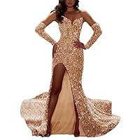 Sequin Mermaid Evening Dresses with Sleeves Detachable Sparkly Prom Dresses with Slit Homecoming Dresses Long