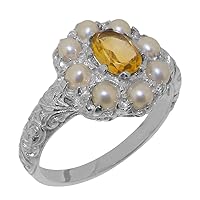 Solid 925 Sterling Silver Natural Citrine, Cultured Pearl Womens Cluster Ring - Sizes 4 to 12 Available