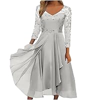 Cocktail Dresses for Women Evening Party,Womens Bridesmaid Evening Dresses Long Sleeve Lace Patchwork Chiffon Dress Floral Printed Irregular Hem Flowy Swing Dresses Wrap Dress for Women