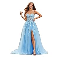 Lace Tulle Prom Dresses Long Spaghetti Straps Corset Backless Sky Blue Formal Gowns and Evening Dresses