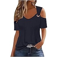 Tops for Women Trendy,Sexy Clod Shoulder Tops for Women Eyelet Short Sleeve T Shirts 2024 Summer Going Out Tunic Tops Fashion Short Sleeve Blouses