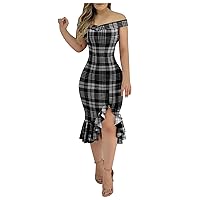 XJYIOEWT Summer Dresses for Women, Women Fashion Plaid Dress Plain Cold Shoulder Ruffle Loose Hem Slit Dress Ruffle Max