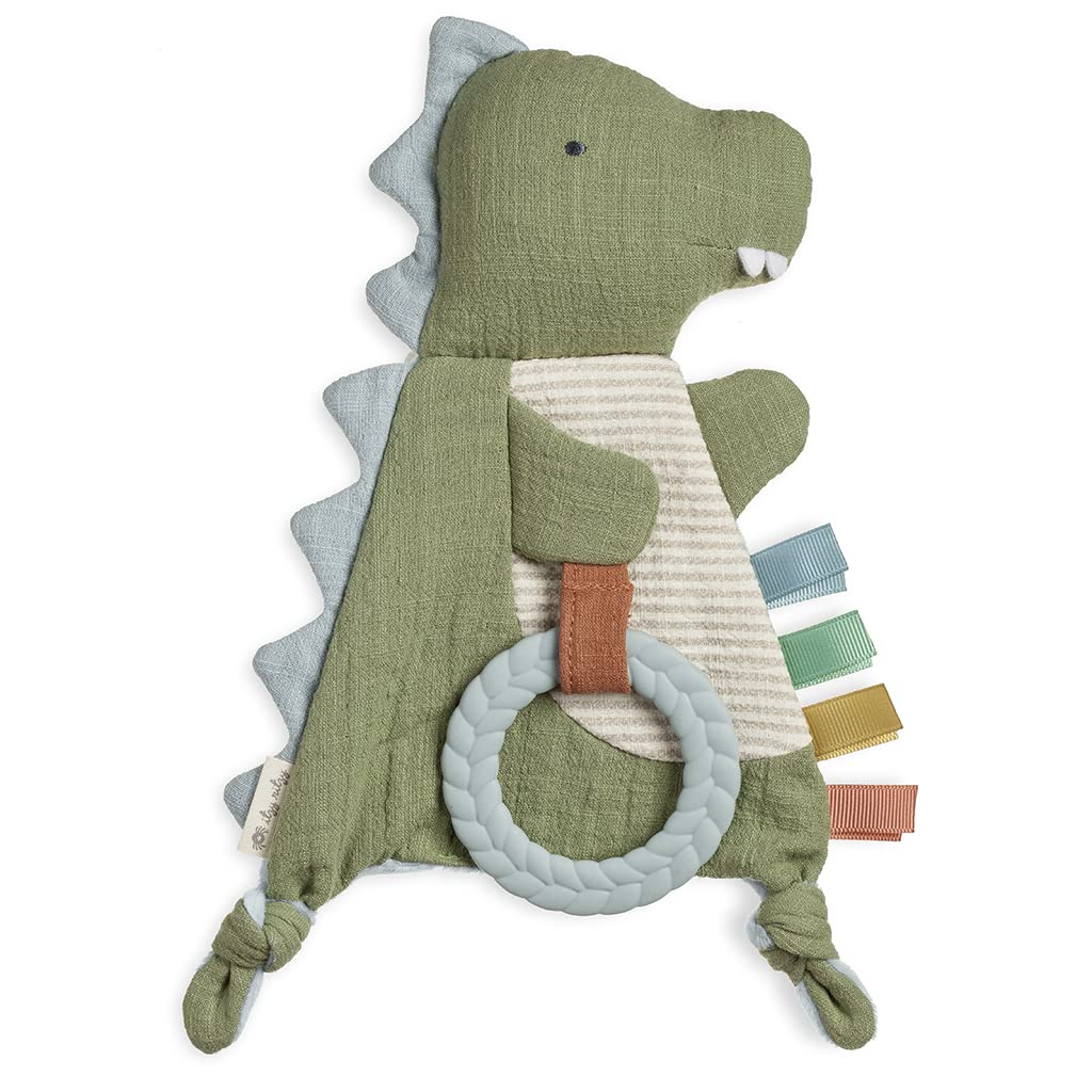 Itzy Ritzy - Bitzy Crinkle Sensory Toy with Teether; Features Ribbons, Crinkle Sound & Soft, Braided Teething Ring; Dinosaur