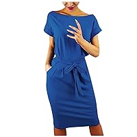 Women's Casual Dress Crewneck Waist Tie Short Sleeve Club Pencil Dress with Pocket