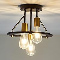 Industrial Semi Flush Mount Ceiling Light Fixture 3-Light Matte Black and Gold Chandelier E26 Farmhouse Ceiling Lamp for Entryway Hallway Bedroom Passway Balcony