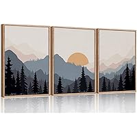 Ausril Boho Sunset Mountain Framed Canvas Wall Art Set, Abstract Geometric Forest Wall Decor, Bohemian Nature Wall Painting, Modern Sun Landscape Art Print for Living Room Bedroom Office 16 x24 x3